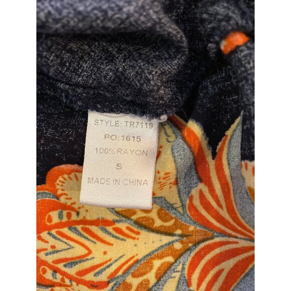 Gigio Faux Wrap Blouse Size Small Navy w/ Flowers longer Back Boho Peasant Look - Picture 9 of 11